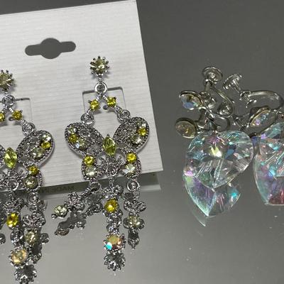 Yellow chandelier butterfly post earrings with large Austrian crystal screw back earrings