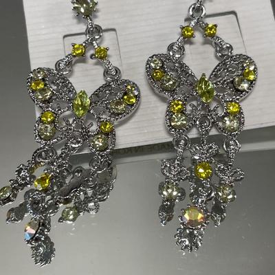 Yellow chandelier butterfly post earrings with large Austrian crystal screw back earrings