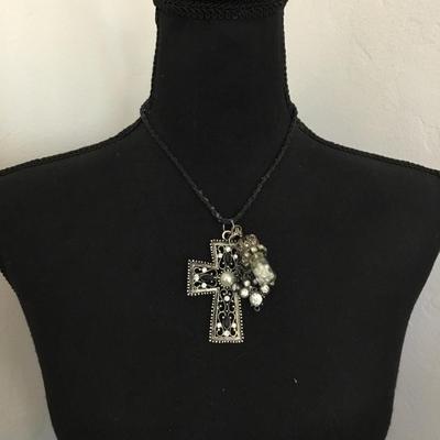 Vintage Silver toned cross pendant, faux pearl crown charm