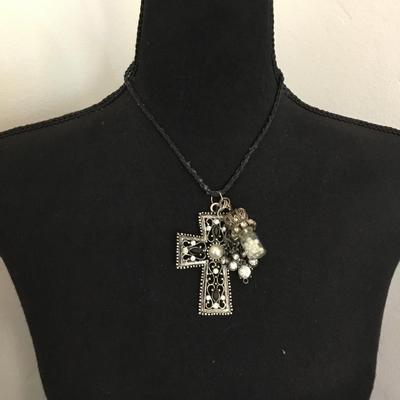 Vintage Silver toned cross pendant, faux pearl crown charm