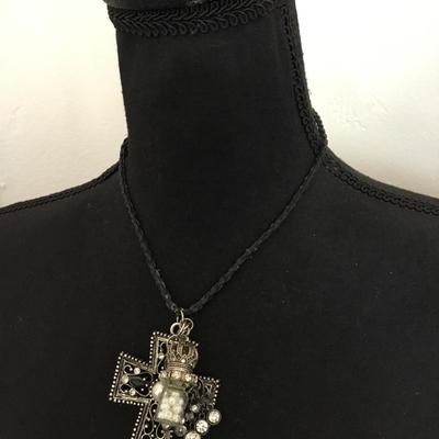 Vintage Silver toned cross pendant, faux pearl crown charm