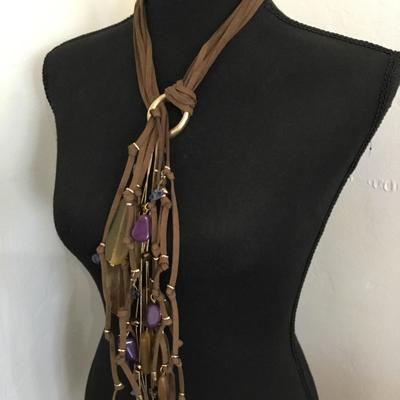 Vintage, leather, genuine, leather, gold tone, Chicos statement, necklace, lapis, stone bead