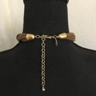 Vintage, leather, genuine, leather, gold tone, Chicos statement, necklace, lapis, stone bead