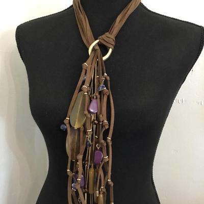 Vintage, leather, genuine, leather, gold tone, Chicos statement, necklace, lapis, stone bead