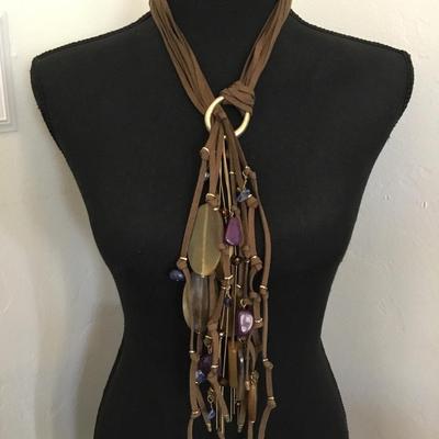 Vintage, leather, genuine, leather, gold tone, Chicos statement, necklace, lapis, stone bead