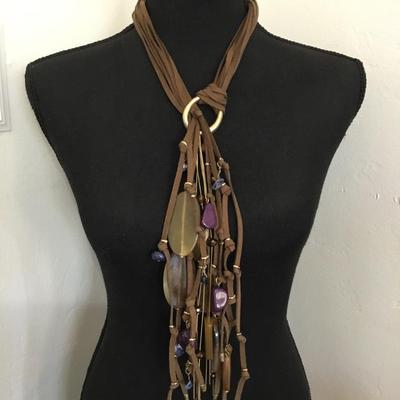 Vintage, leather, genuine, leather, gold tone, Chicos statement, necklace, lapis, stone bead