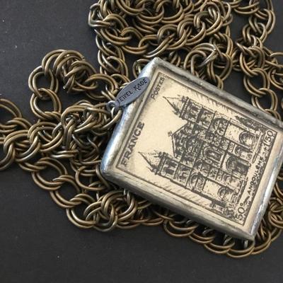 Beautiful handcrafted Jewel, kade Fleur de Lis pendant reversible very nice bronze, toned, chain, long necklace