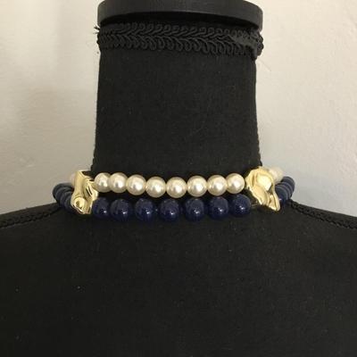 Vintage faux, pearl, dark navy blue long, beaded statement, necklace Gold tone accents