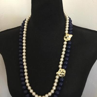 Vintage faux, pearl, dark navy blue long, beaded statement, necklace Gold tone accents