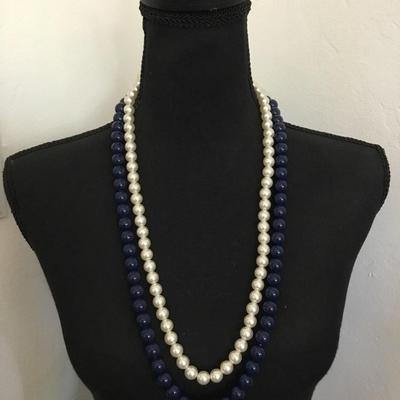Vintage faux, pearl, dark navy blue long, beaded statement, necklace Gold tone accents