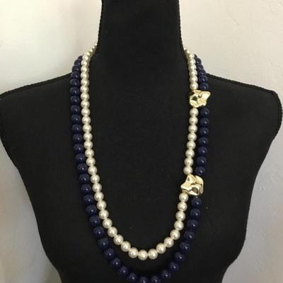 Vintage faux, pearl, dark navy blue long, beaded statement, necklace Gold tone accents