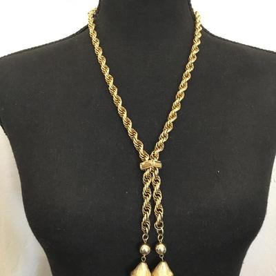 Big chunky gold tone, lariat chain tassel ball necklace