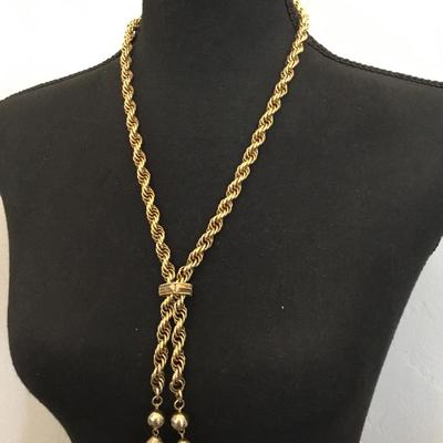 Big chunky gold tone, lariat chain tassel ball necklace