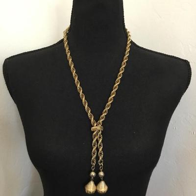 Big chunky gold tone, lariat chain tassel ball necklace