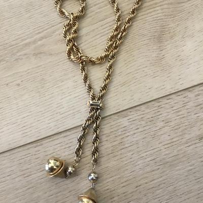 Big chunky gold tone, lariat chain tassel ball necklace