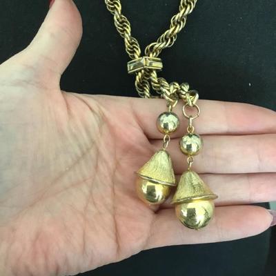 Big chunky gold tone, lariat chain tassel ball necklace