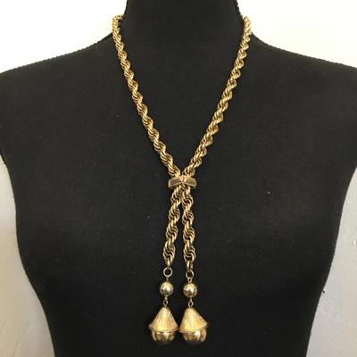 Big chunky gold tone, lariat chain tassel ball necklace