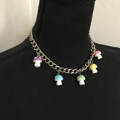 Super cute, stainless steel chain with multicolored mushroom charm choker