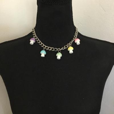 Super cute, stainless steel chain with multicolored mushroom charm choker
