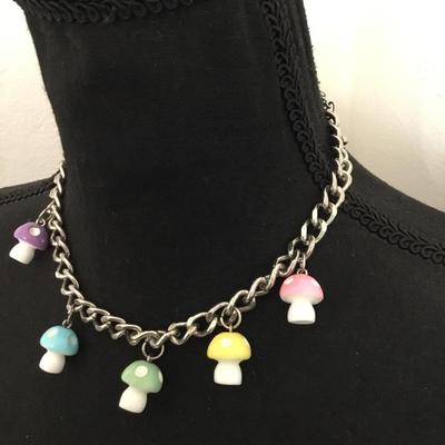 Super cute, stainless steel chain with multicolored mushroom charm choker