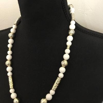 Vintage white bead, silver and gold, toned space necklace
