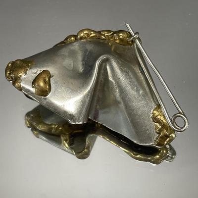 Brutalist modernist abstract pin with uncut Baltic amber