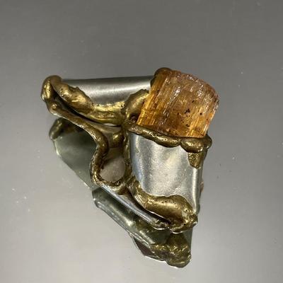 Brutalist modernist abstract pin with uncut Baltic amber