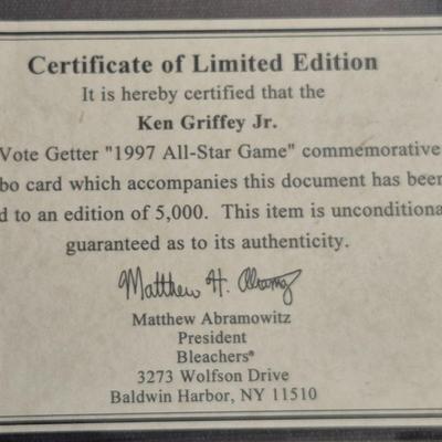 Sale Photo Thumbnail #6: 1997 Ken Griffey Jr No.1 Vote Getter All Star Game #1019 of 5000 W/ COA &
1997 Ken Griffey Jr 50th Home Run #283 of 5000 w/COA
Both cards come with their COA and are both oversized cards