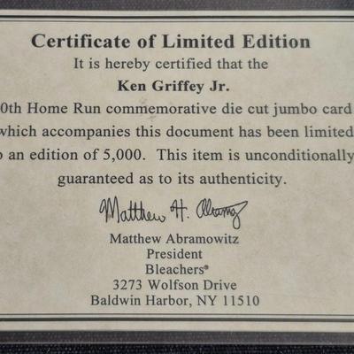 Sale Photo Thumbnail #5: 1997 Ken Griffey Jr No.1 Vote Getter All Star Game #1019 of 5000 W/ COA &
1997 Ken Griffey Jr 50th Home Run #283 of 5000 w/COA
Both cards come with their COA and are both oversized cards