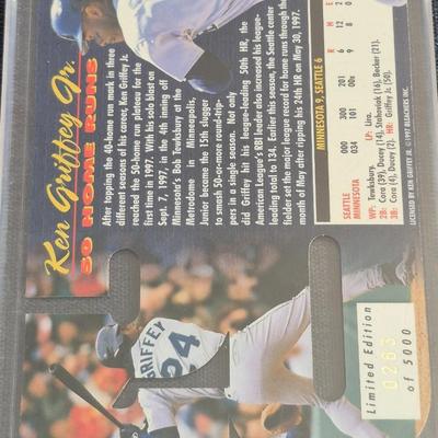 Sale Photo Thumbnail #4: 1997 Ken Griffey Jr No.1 Vote Getter All Star Game #1019 of 5000 W/ COA &
1997 Ken Griffey Jr 50th Home Run #283 of 5000 w/COA
Both cards come with their COA and are both oversized cards