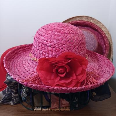LOT 7: Handkerchiefs (Bill Blass, Usna & More), Sun Hats, Fashion Art & Wire Basket