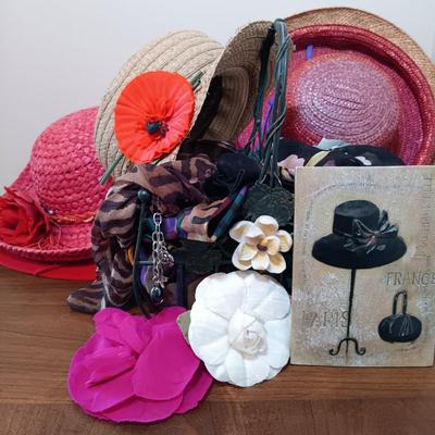 LOT 7: Handkerchiefs (Bill Blass, Usna & More), Sun Hats, Fashion Art & Wire Basket