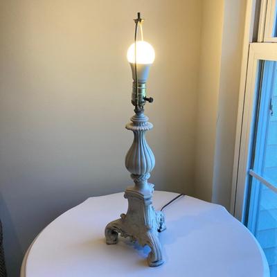 LOT 41: Metal Table Lamp with Hexagon Floral Lamp Shade with Painted White Wooden Table