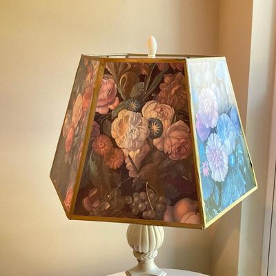 LOT 41: Metal Table Lamp with Hexagon Floral Lamp Shade with Painted White Wooden Table