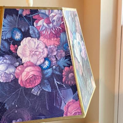 LOT 41: Metal Table Lamp with Hexagon Floral Lamp Shade with Painted White Wooden Table