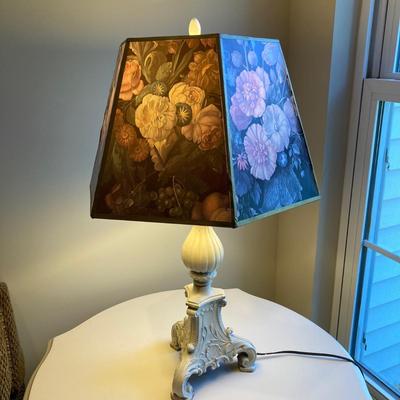 LOT 41: Metal Table Lamp with Hexagon Floral Lamp Shade with Painted White Wooden Table