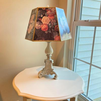 LOT 41: Metal Table Lamp with Hexagon Floral Lamp Shade with Painted White Wooden Table