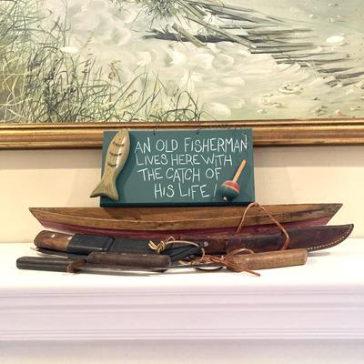 LOT 43: Collection of Nautical Decor - Wall Art, Model Ships, Forschner Knives, Glass Bottle and More