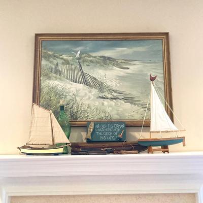 LOT 43: Collection of Nautical Decor - Wall Art, Model Ships, Forschner Knives, Glass Bottle and More