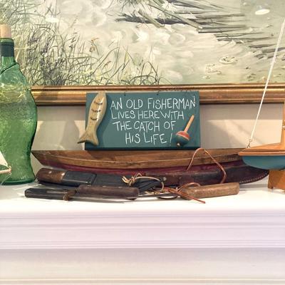 LOT 43: Collection of Nautical Decor - Wall Art, Model Ships, Forschner Knives, Glass Bottle and More