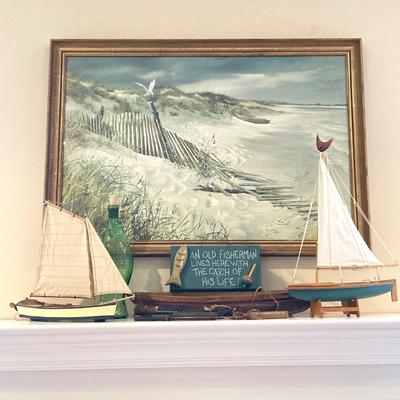 LOT 43: Collection of Nautical Decor - Wall Art, Model Ships, Forschner Knives, Glass Bottle and More