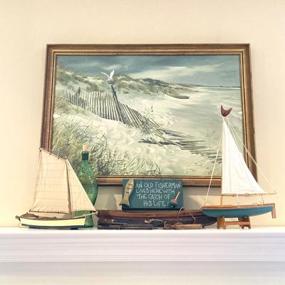 LOT 43: Collection of Nautical Decor - Wall Art, Model Ships, Forschner Knives, Glass Bottle and More
