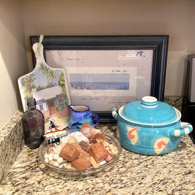 LOT 44: Nautical Collection - Signed and Framed Artwork, Made for Magnolia by Emily West Shrimp Casserole Dish, Bermuda Cutting Board,...
