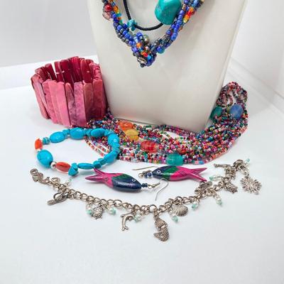 LOT 46: Glass and Stone Beaded Jewelry with Fish Earrings