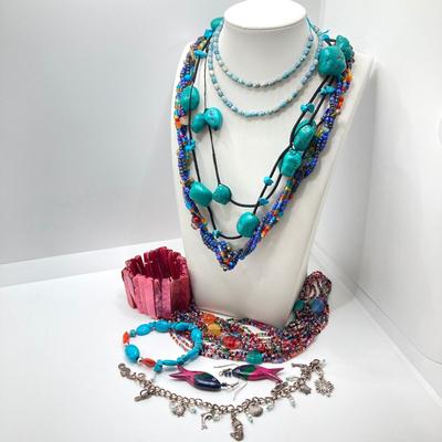 LOT 46: Glass and Stone Beaded Jewelry with Fish Earrings