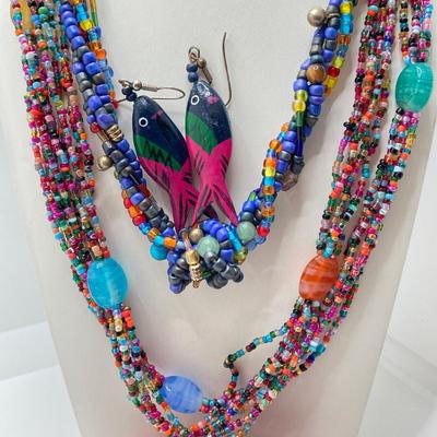 LOT 46: Glass and Stone Beaded Jewelry with Fish Earrings