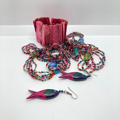 LOT 46: Glass and Stone Beaded Jewelry with Fish Earrings