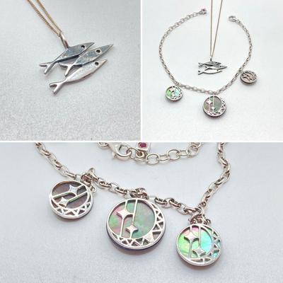 LOT 64: Sterling Jewelry - Double Sided Abalone Bracelet / Anklet with Fish Pendant Necklace
