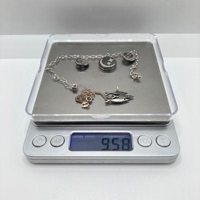 LOT 64: Sterling Jewelry - Double Sided Abalone Bracelet / Anklet with Fish Pendant Necklace