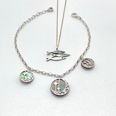 LOT 64: Sterling Jewelry - Double Sided Abalone Bracelet / Anklet with Fish Pendant Necklace